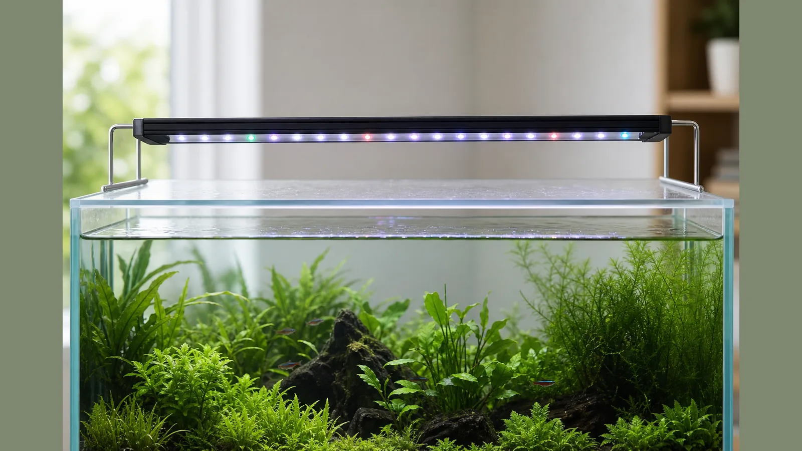 Aquarium LED positioned above a clean glass lid