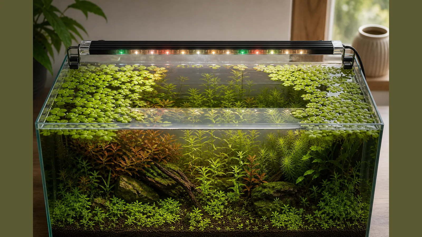 Floating plants with an open lane for LED light below