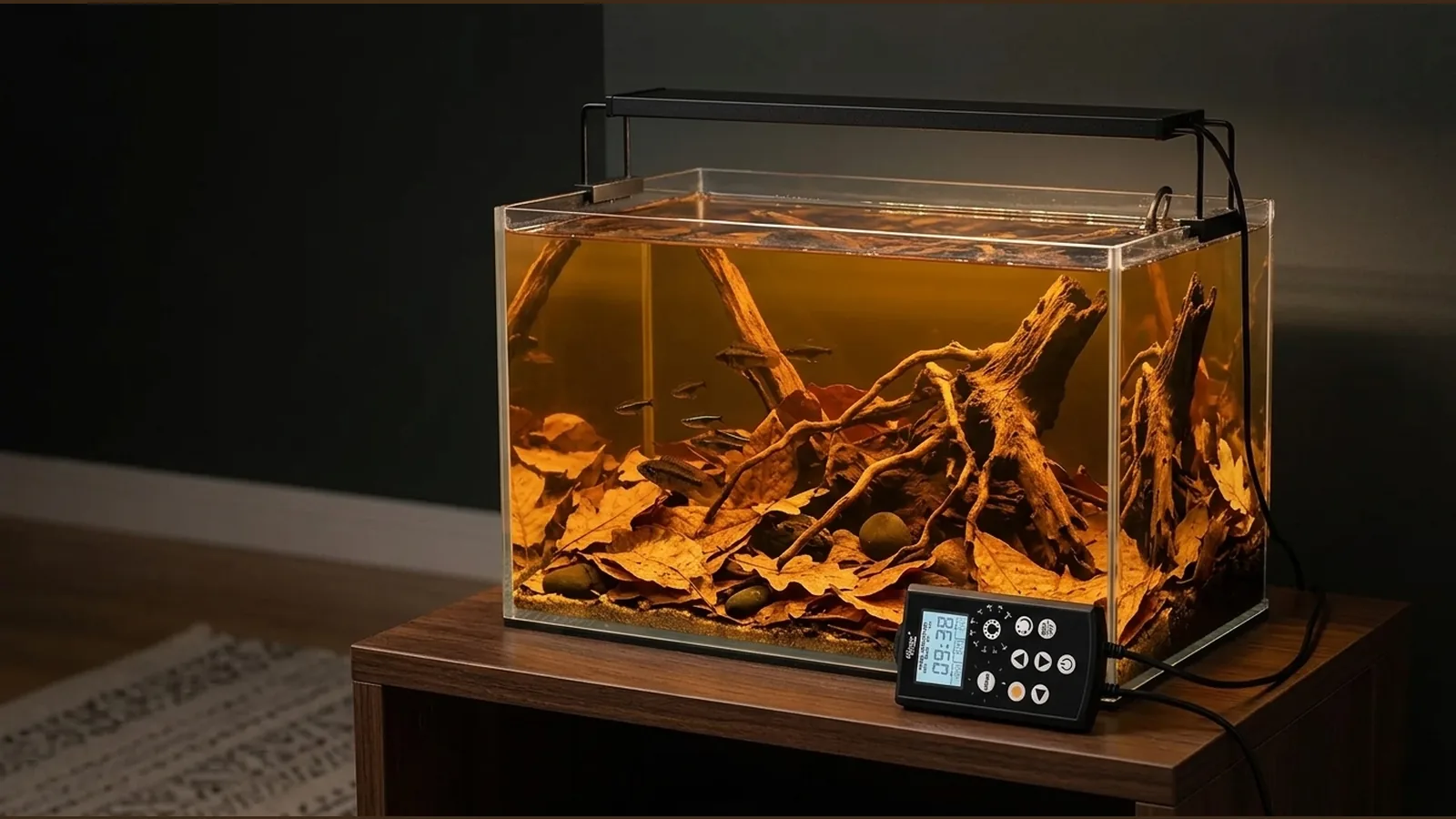 Gentle LED lighting over a blackwater aquarium