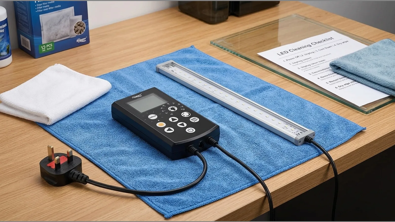 Disconnected aquarium LED prepared for dry cleaning