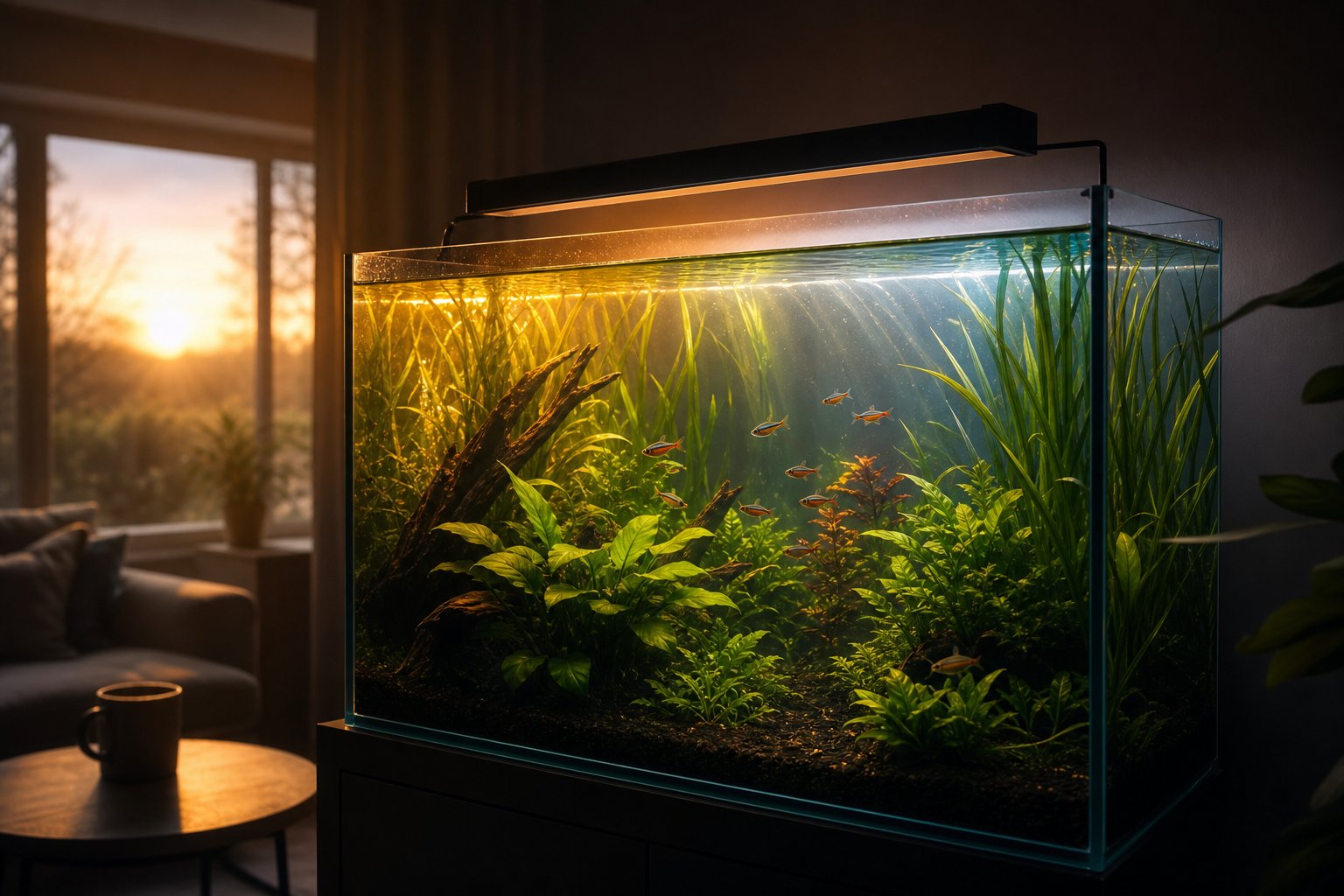 Planted aquarium at dawn with an LED light bar running a 24/7 sunrise cycle in a UK living room