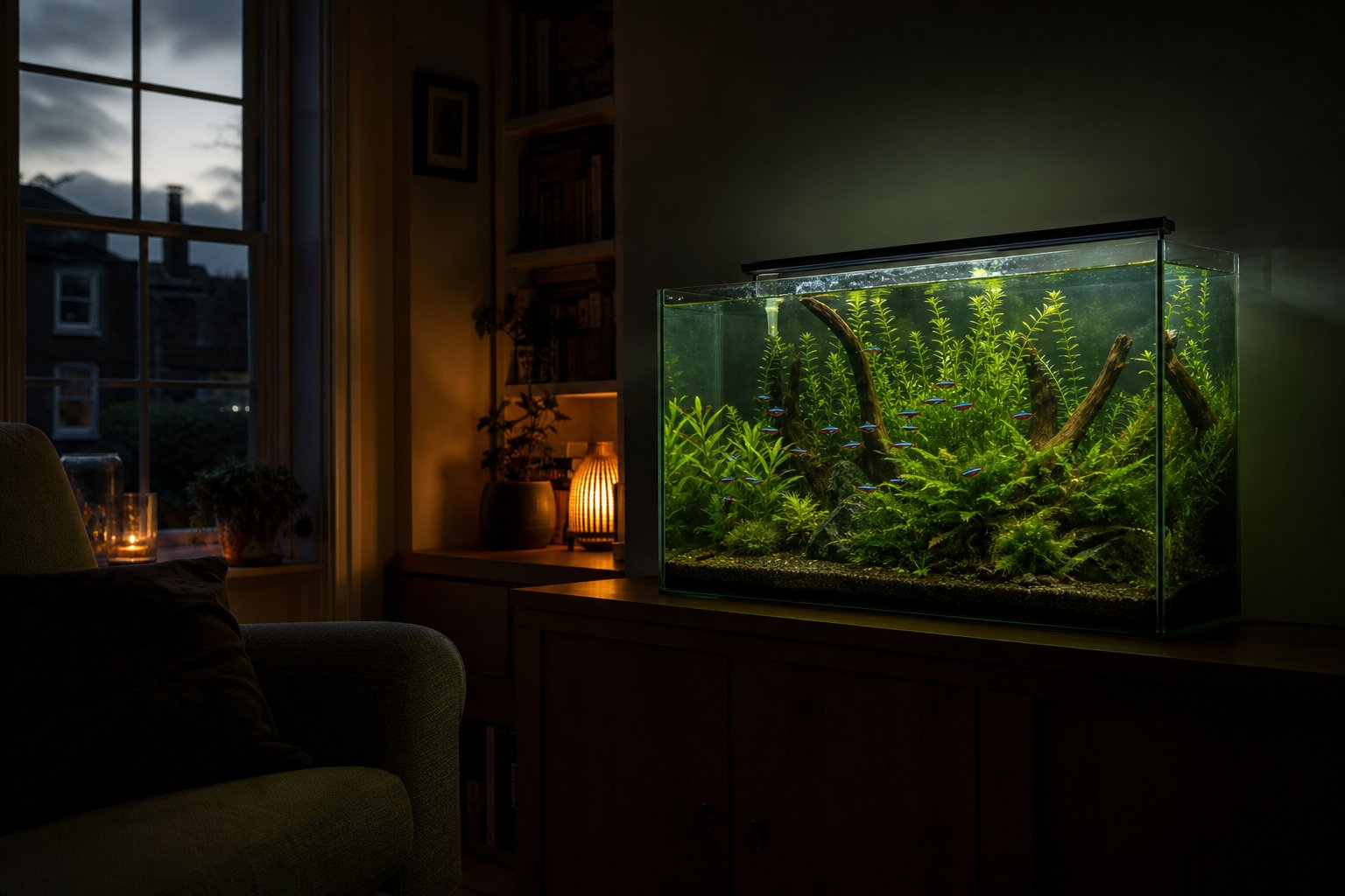 Planted tank light dimming into dusk in a dark UK living room, showing how long aquarium light should be on