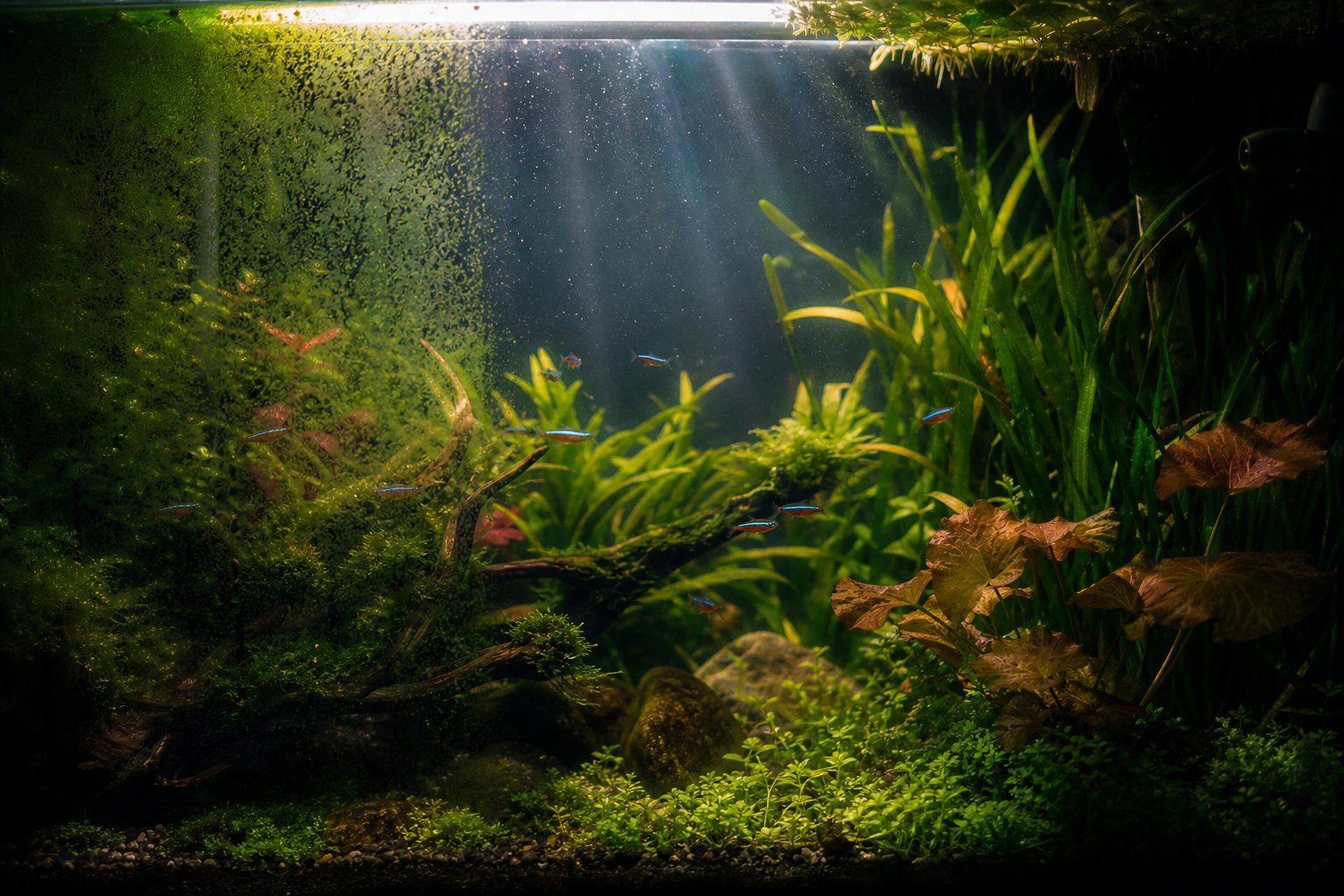 Underwater view of green algae film on aquarium glass under light shafts, from too much light, fish healthy