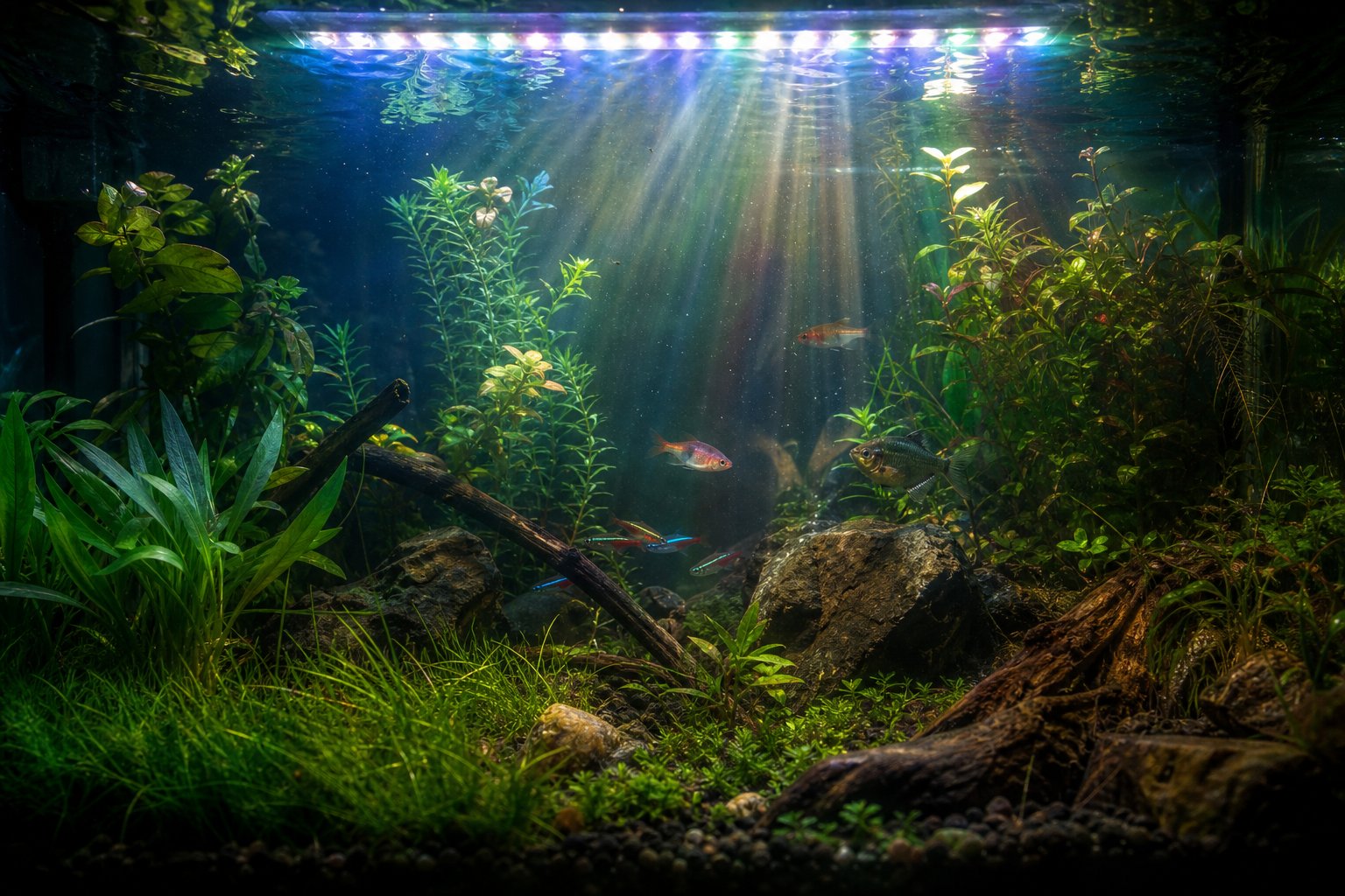 Full-spectrum light rays refracting through planted aquarium water to the substrate, par aquarium light explained