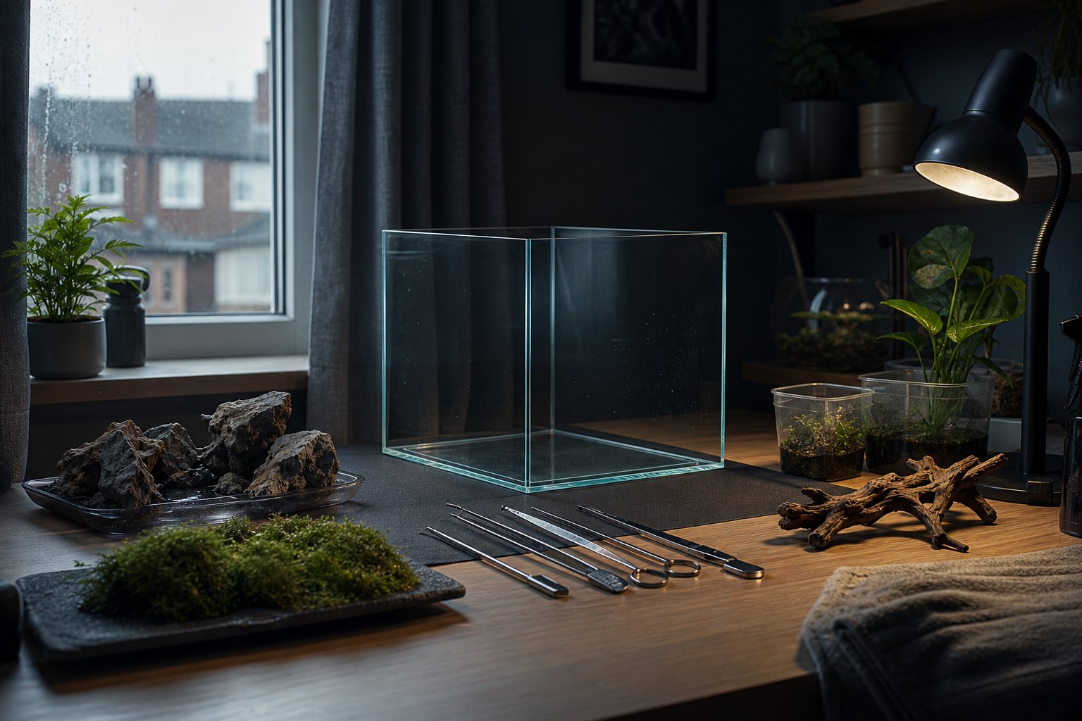 Empty nano tank setup on a tidy UK desk with tools and hardscape ready, grey Saturday morning light
