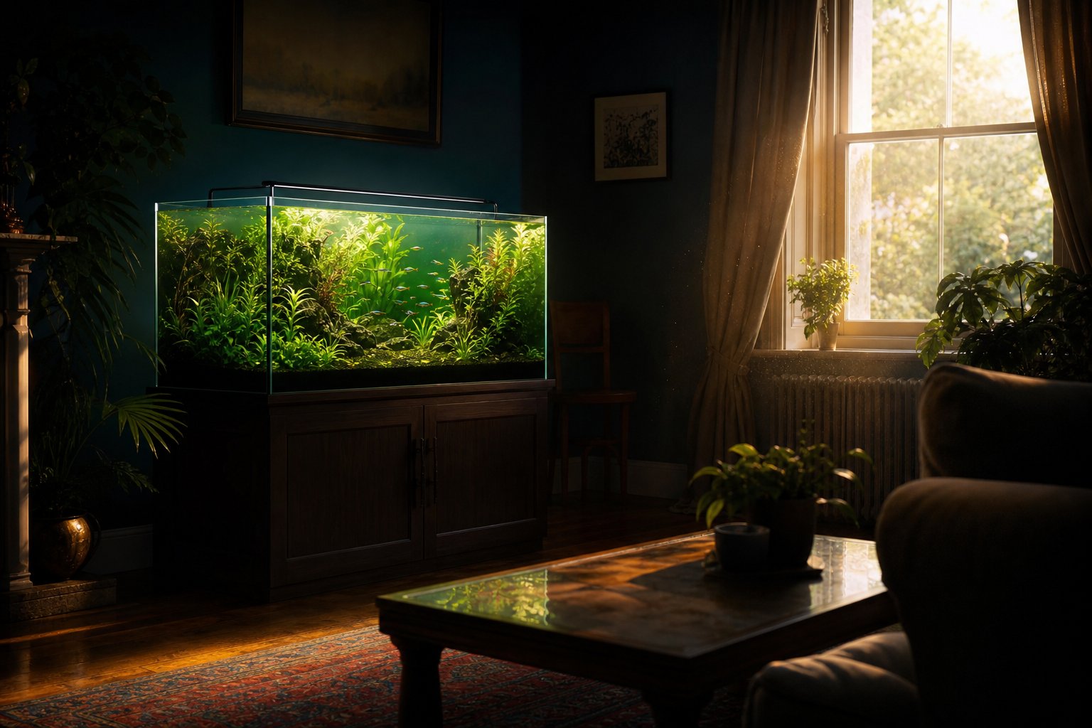 Planted tank glowing softly as golden summer evening sun streams in, weighing the aquarium light schedule in summer