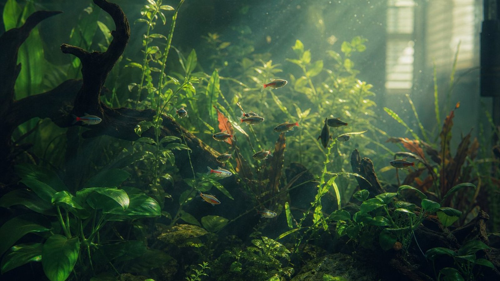 Green algae returning on the glass and plants of a home aquarium despite recent cleaning
